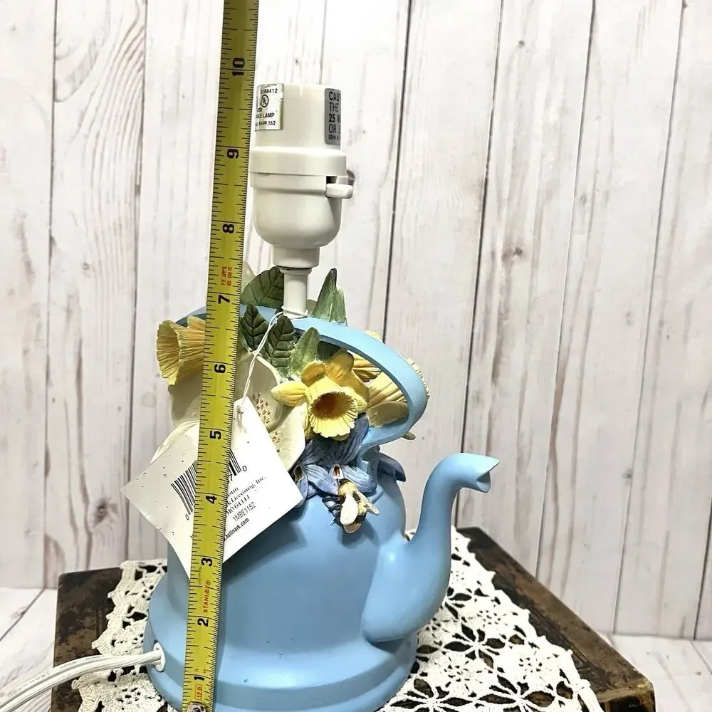 Marjolein Bastin Blue Floral Teapot Table Lamp w Shade, Ceramic Novelty Design